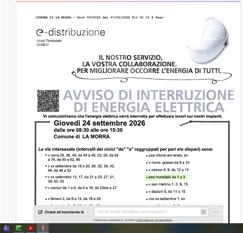 Avviso di interruzione di energia elettrica - chiusura uffici comunali il giorno giovedì 24 settembre 2026